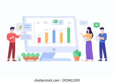 People doing Business Chart Presentation and analysis Concept Flat Style Design Illustration 