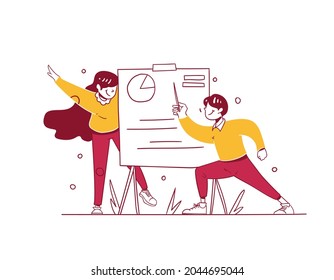 People doing Business Chart Presentation and analysis Concept hand drawn design style Illustration