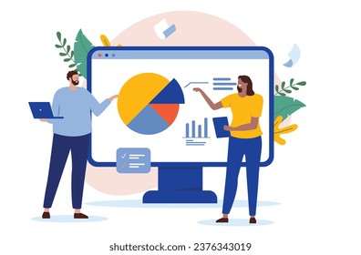 Menschen, die geschäftliche und marktanalytische Arbeit mit Diagramm, Daten und Kuchen-Diagramm auf dem Computer-Bildschirm. Flaches design, Vektorgrafik mit weißem Hintergrund