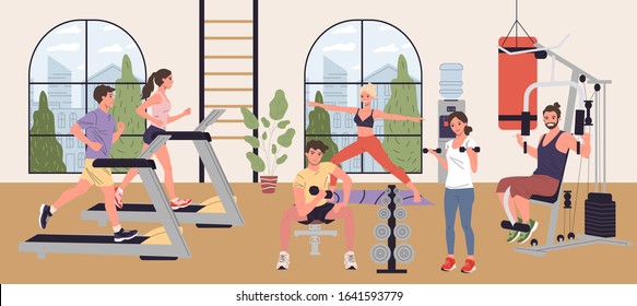 People doing cardio exercises, weight lifting and yoga in gym vector illustration. Men and women performing fitness exercises in exercise class. Wellness, sport activities, healthy lifestyle