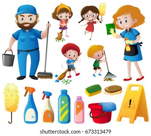 People doing chores and cleaning equipments illustration