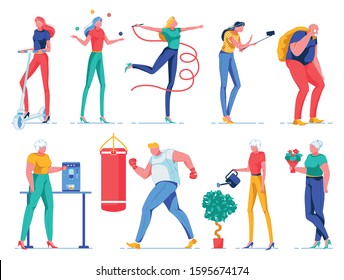 People Doing Different Activities Flat Cartoon Vector Illustration. Women Riding Scooter, Juggling, Performing Gymnastics Tricks, Taking Selfie with Stick, Making Coffee, Boxing, Watering Plant.