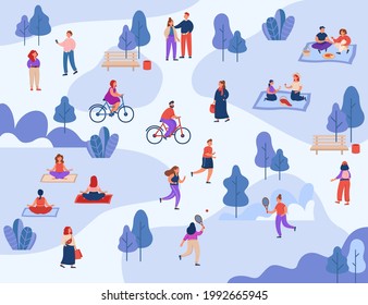 People doing different activities in park in summer. Woman and kid having picnic, children playing tennis, doing yoga and riding bicycle flat vector illustration. Outdoor workout, leisure concept