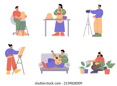 People doing different hobbies, music, cooking, sculpture, painting, making movie and gardening. Vector flat illustration of men play guitar, with camera, women cook cake, watering plants and draw