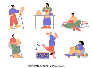 People doing different hobbies, painting, cooking, pottery, knitting, dance and reading books. Vector flat illustration of men make sculpture, dancer, women drawing, cook cake