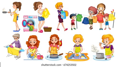 People doing different houseworks illustration