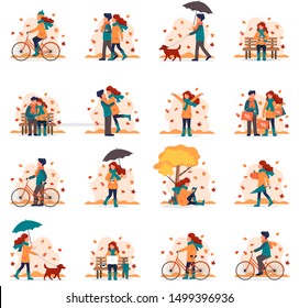 People doing different outdoor activities in autumn. Vector illustration set in flat style