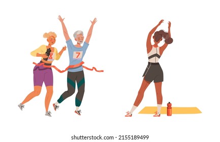 People doing different sport exercises set. Man and woman running and doing yoga cartoon vector illustration
