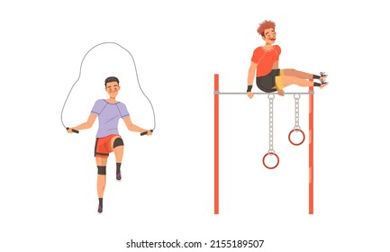 La gente hace diferentes ejercicios deportivos. Hombres saltando con cuerda saltadora y entrenando sobre ilustración vectorial de caricatura de barras horizontales