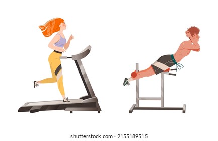 People Doing Different Sport Exercises Set. Girl Jogging On Treadmill, Man Pumping Abs On The Simulator Cartoon Vector Illustration