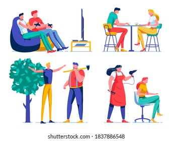 People Doing Different Tasks Flat Cartoon Vector Illustration. Boys Sitting in Armchairs and Playing Video Game with Joysticks. Couple Drinking Coffee. Man Protecting Environment. Hair Dressing Salon.