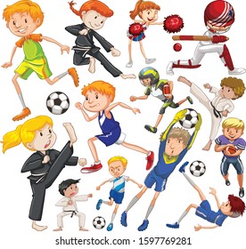 People doing different types of sports on white background illustration