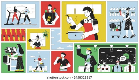 People doing everyday activities bento grid illustration set. Cooking, shopping, exercising 2D vector image collage design graphics collection. Caucasian adults flat characters moodboard layout