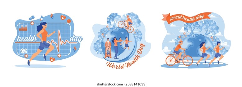 People doing exercise. Cycling, jogging and running.Active young people. World Health Day concept. Set flat vector illustration.