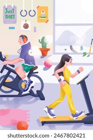 People doing exercise and fitness hand drawn illustration poster