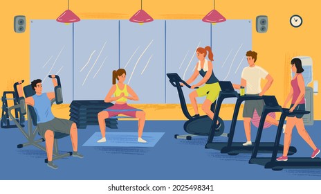 People doing exercise in gym concept vector illustration. Fitness workout. Man and woman running on treadmill. Sport gym equipment