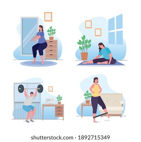 People doing exercise at home icon set design, Sport and bodybuilding theme Vector illustration