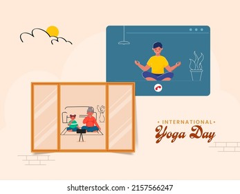 People Doing Exercise At Home Through Video Call Each Other On Pastel Peach Background For International Yoga Day Concept.