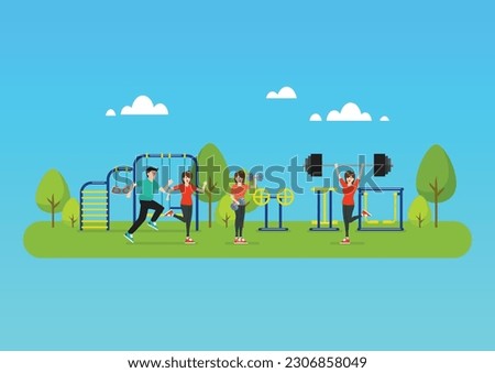 People are doing exercise at public park. Vector illustration