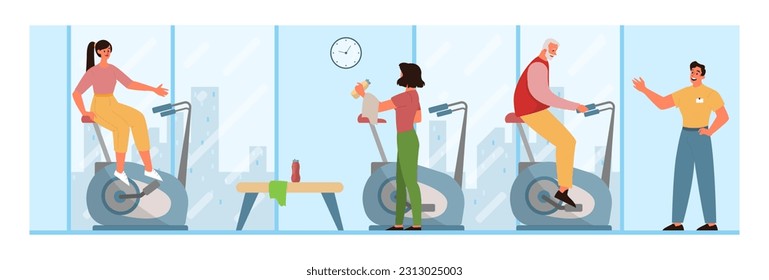 People doing exercises in the gym. Fitness club interior with sport equipment. Women and men training, lifting dumbbells, dancing and doing yoga. Healthy lifestyle routine. Flat vector illustration