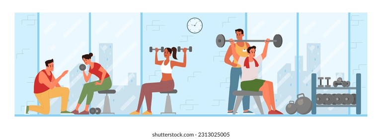 People doing exercises in the gym. Fitness club interior with sport equipment. Women and men training, lifting dumbbells. Healthy lifestyle routine. Flat vector illustration