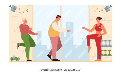 Gente haciendo ejercicios en el gimnasio. El interior del gimnasio con equipamientos deportivos. Entrenamiento de mujeres y hombres, haciendo rutina de entrenamiento de danza. Rutina de estilo de vida saludable. Ilustración vectorial plana