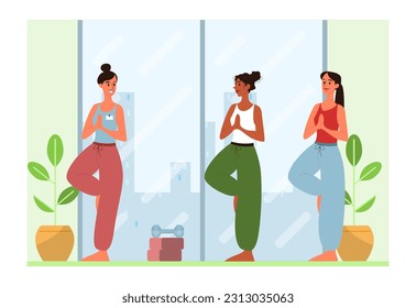 People doing exercises in the gym. Fitness club interior with sport equipment. Women doing yoga, standing in the tree asana. Healthy lifestyle routine. Flat vector illustration