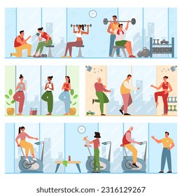 People doing exercises in the gym. Fitness club interior with sport equipment. Women and men training, lifting dumbbells, dancing and doing yoga. Healthy lifestyle routine. Flat vector illustration