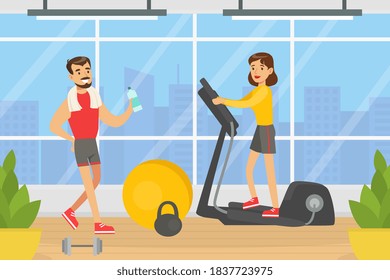 People Doing Exercises in Gym with Sports Equipment, Young Woman Running on Treadmill, Fitness Class, Healthy Lifestyle Concept Vector Illustration