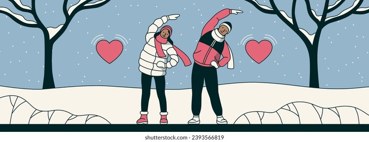 People doing exercises outdoors. Man and woman doing exercises for heart health. Side Tilts. Winter, snow and frost weather.  Sport, fitness and running. Vector Horizontal illustration in flat style. 