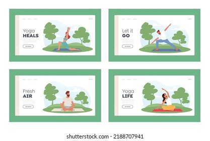 People Doing Exercises in Park Landing Page Template Set. Characters Outdoor Yoga Activity. Fitness, Workout in Different Poses, Stretching, Healthy Lifestyle, Leisure. Cartoon Vector Illustration