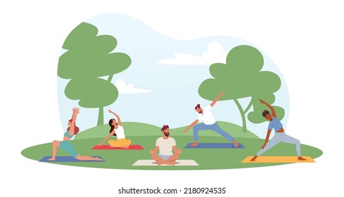 People Doing Exercises in Park. Male and Female Characters Outdoor Yoga Activity Concept. Fitness, Workout in Different Poses, Stretching, Healthy Lifestyle, Leisure. Cartoon Vector Illustration