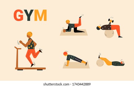 People doing exercises and sports. Sports activities. Workouts sets. Active and healthy lifestyle. People training. Gym workouts and training. Treadmill workout vector flat style illustration