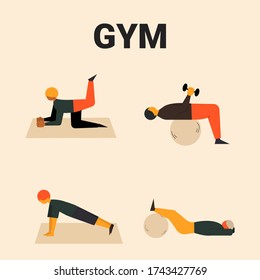 People doing exercises and sports. Gym workouts. Sports activities. Fitness training. Workouts sets. Active lifestyle. Training workouts concept. Losing weight concept. Cardio and stretching concept