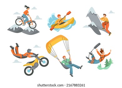People doing extreme outdoor activities vector illustrations set. Cartoon characters mountain climbing, bungee jumping, biking, cycling isolated on white background. Extreme sports, recreation concept