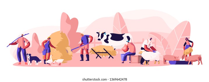 People Doing Farming Job as Feeding Domestic Animals, Milking Cow, Shearing Sheep, Prepare Hay for Livestock. Male and Female Farmer Characters Working with Cattle. Cartoon Flat Vector Illustration