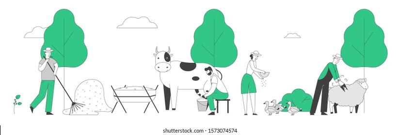 People Doing Farming Job Feeding Domestic Animals, Milking Cow, Shearing Sheep, Prepare Hay for Livestock. Male Female Farmer Characters Working with Cattle. Cartoon Flat Vector Illustration, Line Art