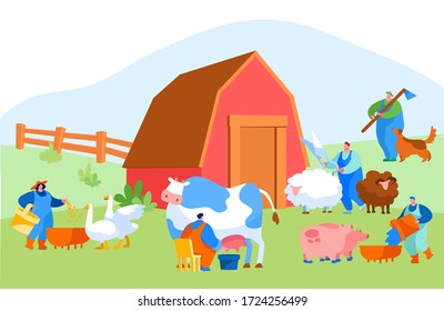 People Doing Farming Job as Feeding Domestic Animals, Milking Cow, Shearing Sheep, Prepare Hay for Livestock. Male and Female Farmer Characters Working with Cattle on Farm. Cartoon Vector Illustration