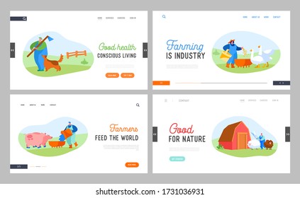 People Doing Farming Job Landing Page Template Set. Feeding Domestic Animals, Milking Cow, Shearing Sheep, Prepare Hay for Livestock. Farmer Characters Work on Cattle Farm. Cartoon Vector Illustration