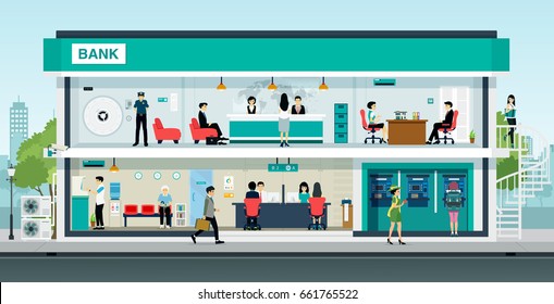 People are doing financial business in banks with ATM cabinets.