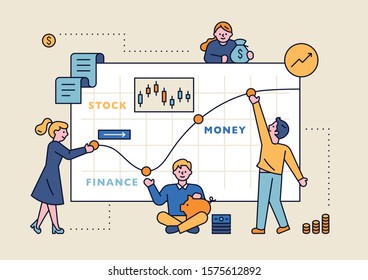 People doing financial planning. Experts around a huge graph. flat design style minimal vector illustration.