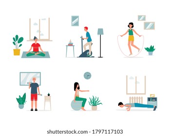 People doing fitness exercises at home gym - isolated set of cartoon men and women during workout session inside apartments. Vector illustration.