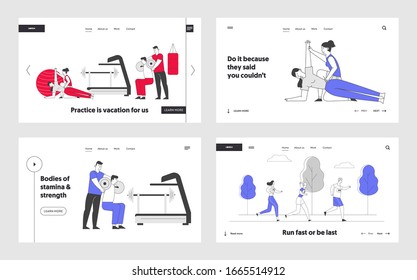 People Doing Fitness Workout In Gym With Coach Help. Men And Women Exercising With Tutor. Sports And Healthy Lifestyle. Linear Vector Illustration