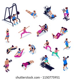 People doing fitness and yoga in gym isometric set isolated in white background 3d vector illustration