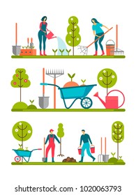 People doing garden activities. Set of individual elements