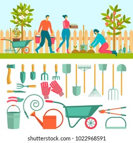 People doing garden activities. Set of individual elements