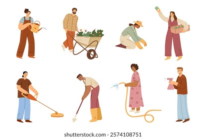 People doing gardening and farming chores and daily activities. Vector in flat style, isolated men and women with tools for work. Watering hose and can, wheelbarrow and hoe for reducing from weeds