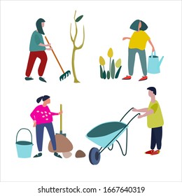 People doing gardening works. Watering flowers, digging, clearing. Set of vector illustrations in flat style