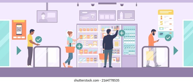 People doing grocery shopping at the fully automated AI convenience store