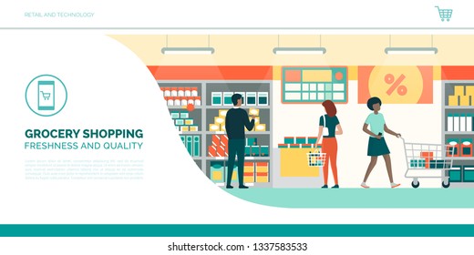 People doing grocery shopping at the supermarket, food retail concept